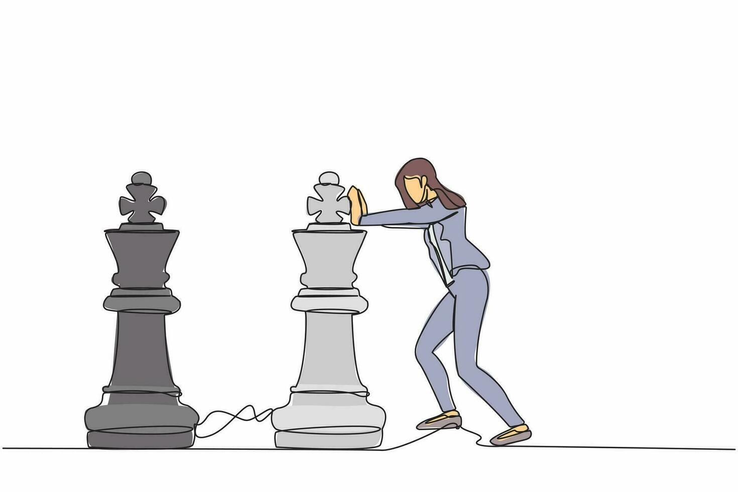 Célibataire continu ligne dessin de intelligent femme d'affaires pousser énorme Roi échecs pièce à battre un autre roi. affaires stratégie, commercialisation plan, gagnant Jeu jouer. un ligne graphique conception vecteur illustration