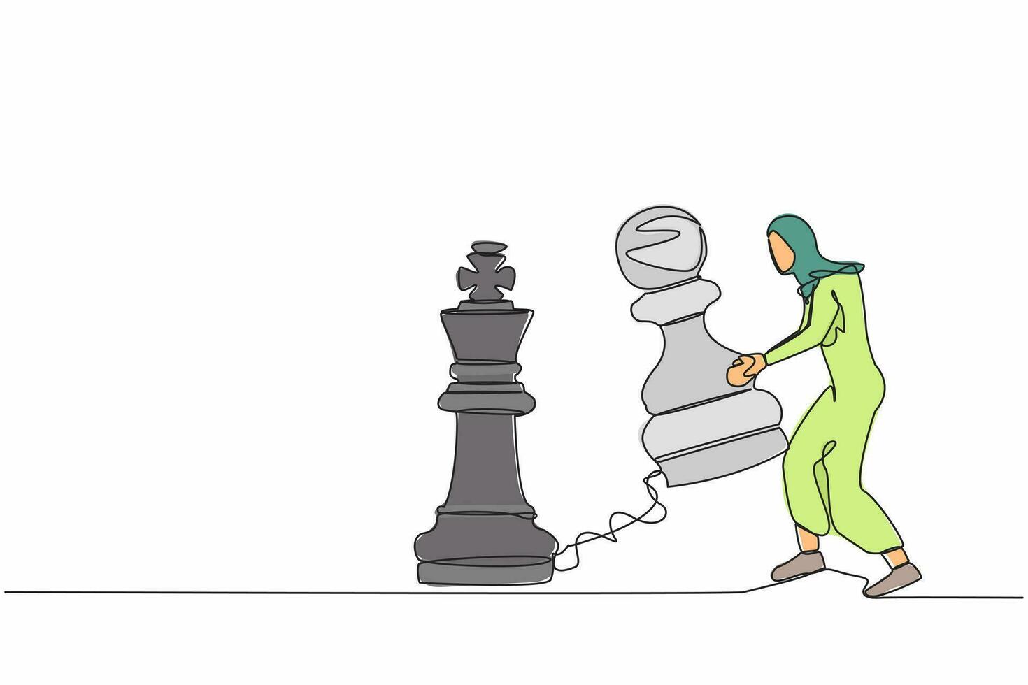 continu un ligne dessin arabe femme d'affaires levage pion échecs pièce à battre Roi échecs. stratégique planification, affaires développement stratégie, tactique dans jeu. Célibataire ligne conception vecteur illustration