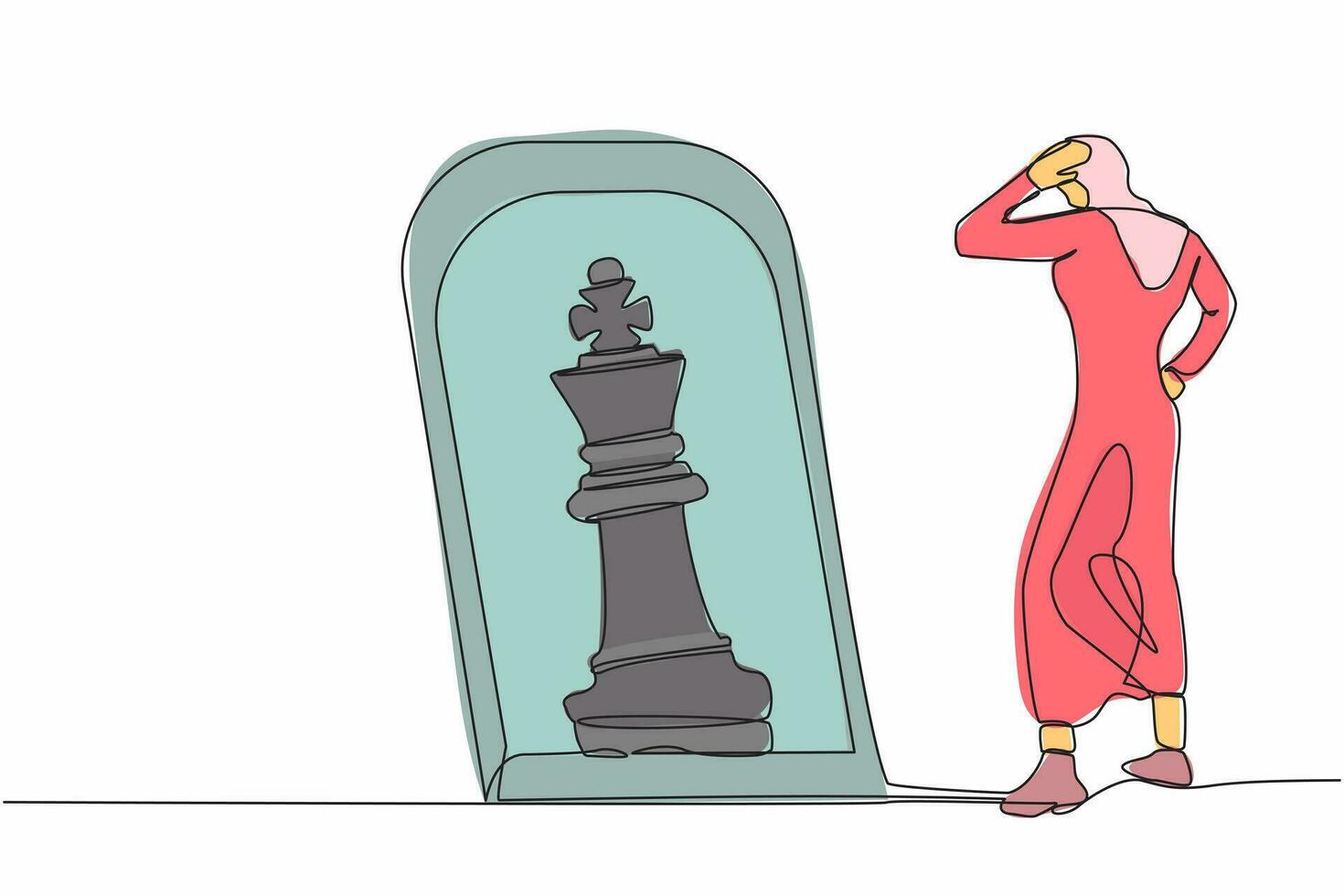 Célibataire continu ligne dessin arabe femme d'affaires permanent dans de face de miroir, reflétant échecs roi. métaphore de confiance. Succès entreprise, opportunités. un ligne dessiner conception vecteur illustration