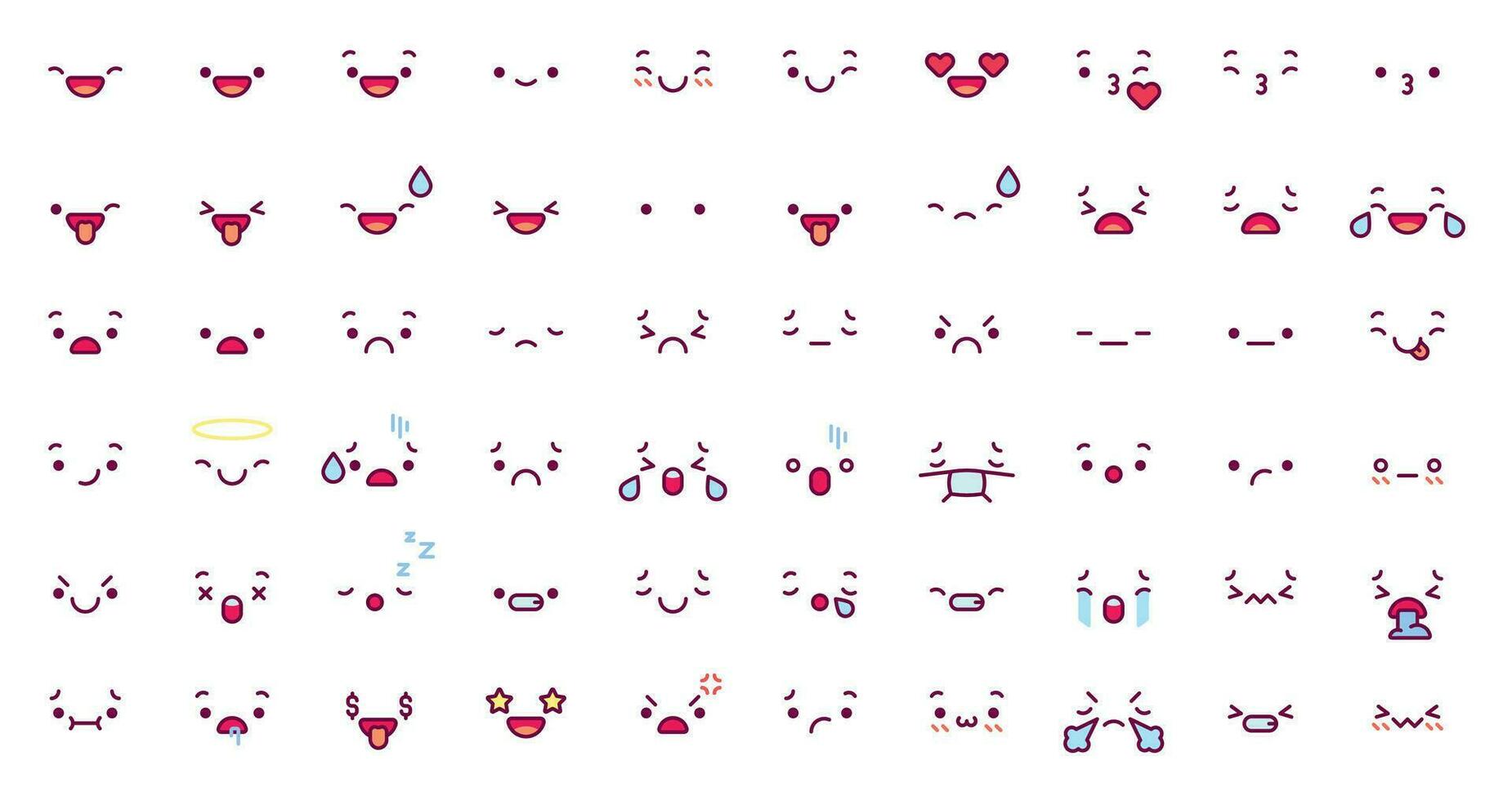 mignonne émoticône emoji visages. dessin animé kawaii visage expression dans Japonais anime personnage. manga émotion baiser, cri et en colère vecteur Icônes ensemble