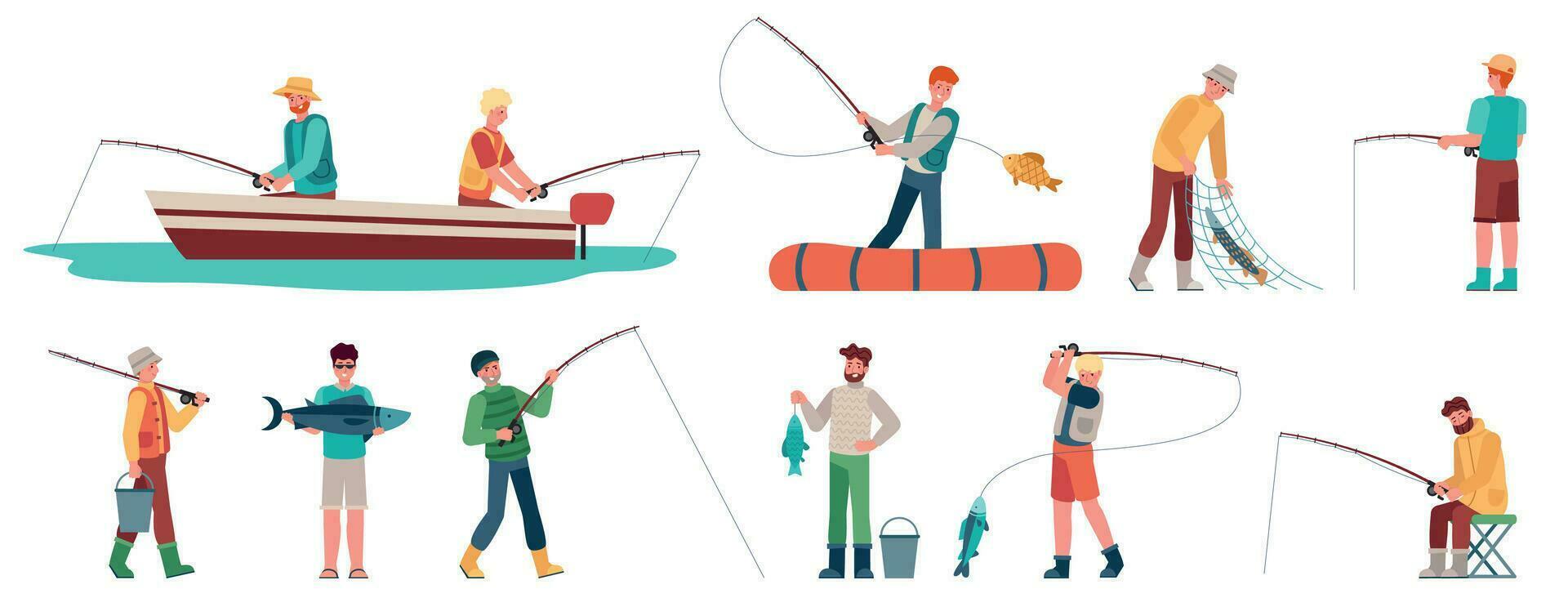 pêcheur. pêcheur dans bateau avec filage, sportif avec pêche accessoire et poisson, contagieux poisson sport et passe-temps, vecteur personnages ensemble