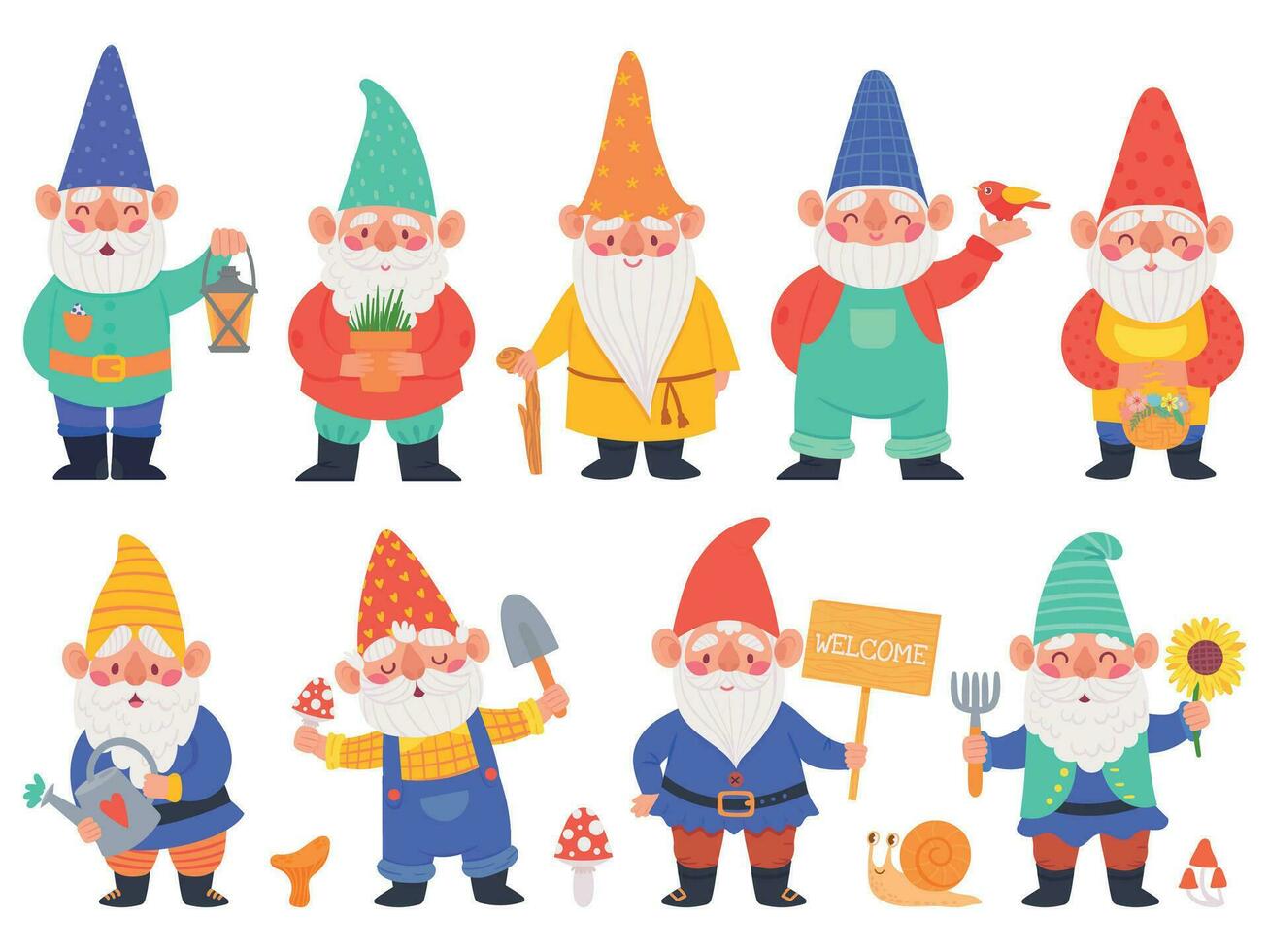 gnome personnages. mignonne gnomes avec barbe marrant jardin décoration, adorable nains avec lanterne, arrosage pouvez et fleurs dessin animé vecteur ensemble