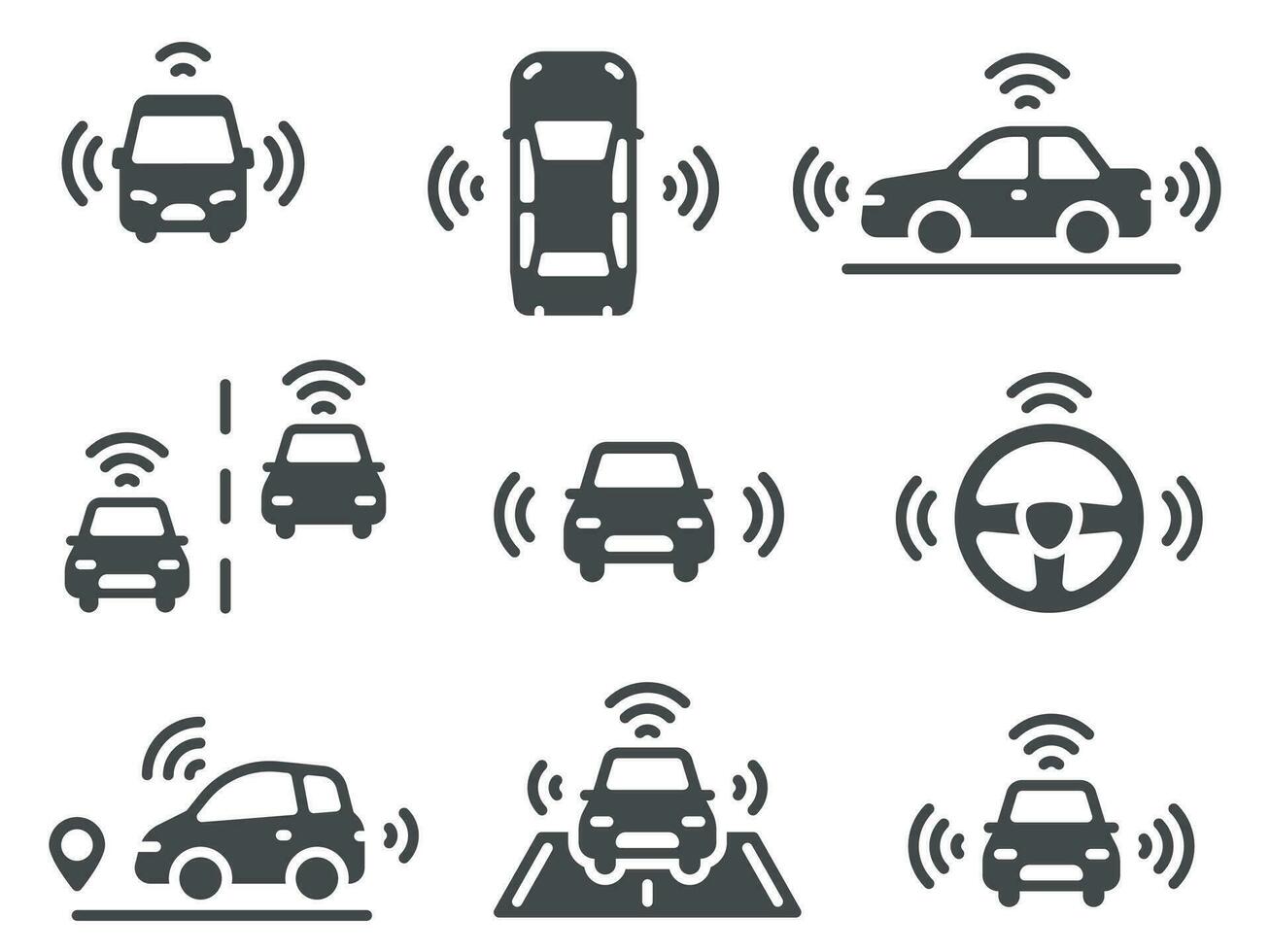 sans conducteur voiture Icônes. autonome robotique voiture, intelligent conduite Véhicules, la navigation mobile lignes route, éco La technologie électrique auto vecteur ensemble