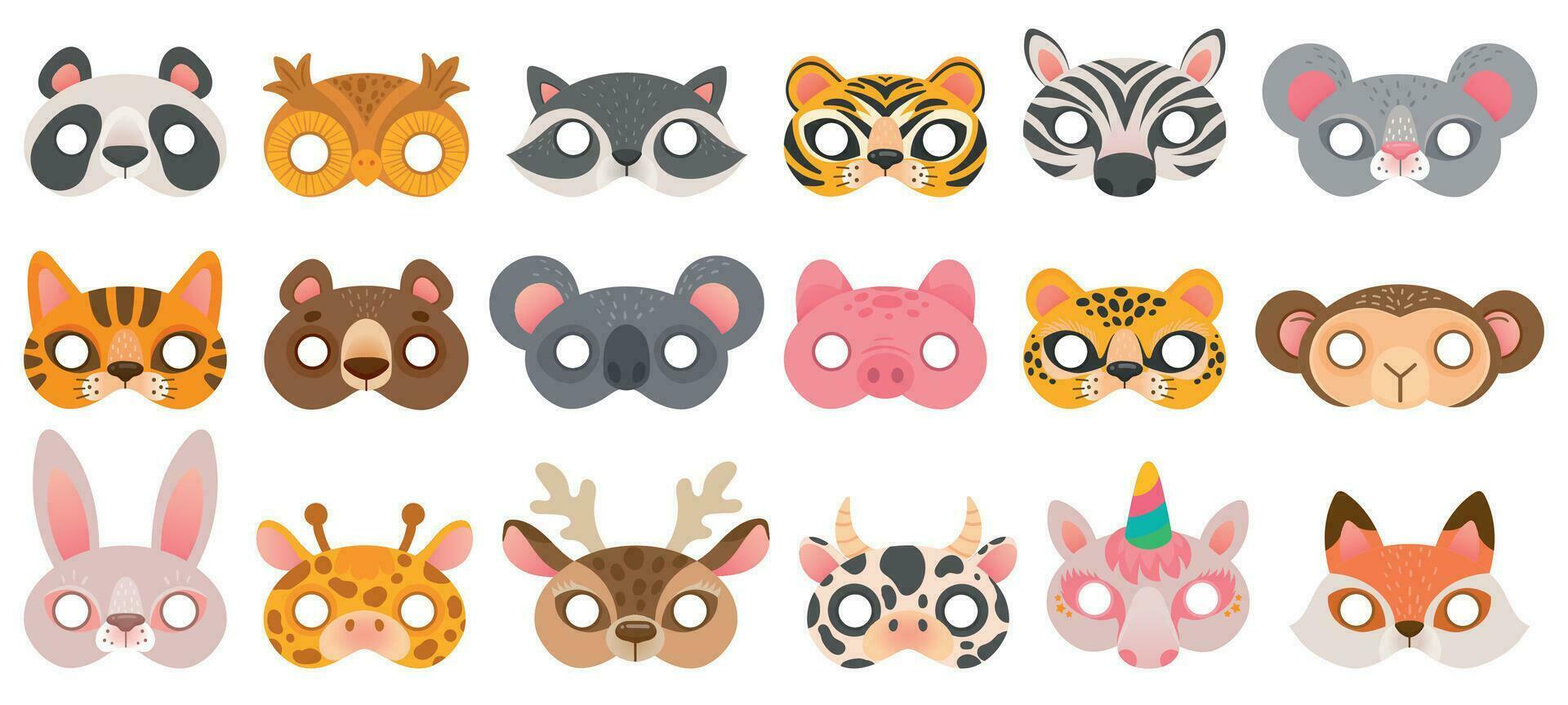 animal masque. photo cabine accessoires, Panda ours et zèbre, tigre et cochon, koala et vache, Licorne et singe, hibou carnaval zoo masques vecteur ensemble