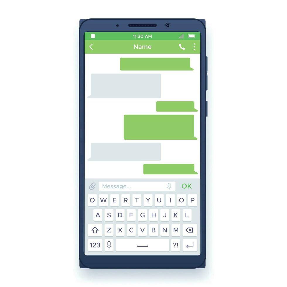 téléphone intelligent discuter. dialogues bulles sur mobile dispositif écran avec clavier, Envoi en cours privé message des nuages bavardage app vecteur modèle