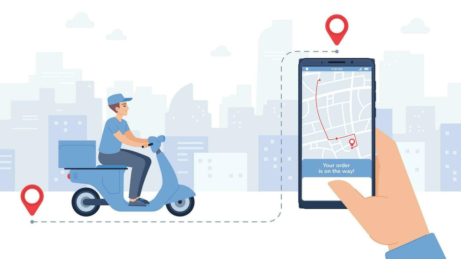 scooter livré nourriture mobile application. en ligne livraison service, courrier avec parcelle sur scooter, téléphone intelligent suivi livraison vecteur concept.