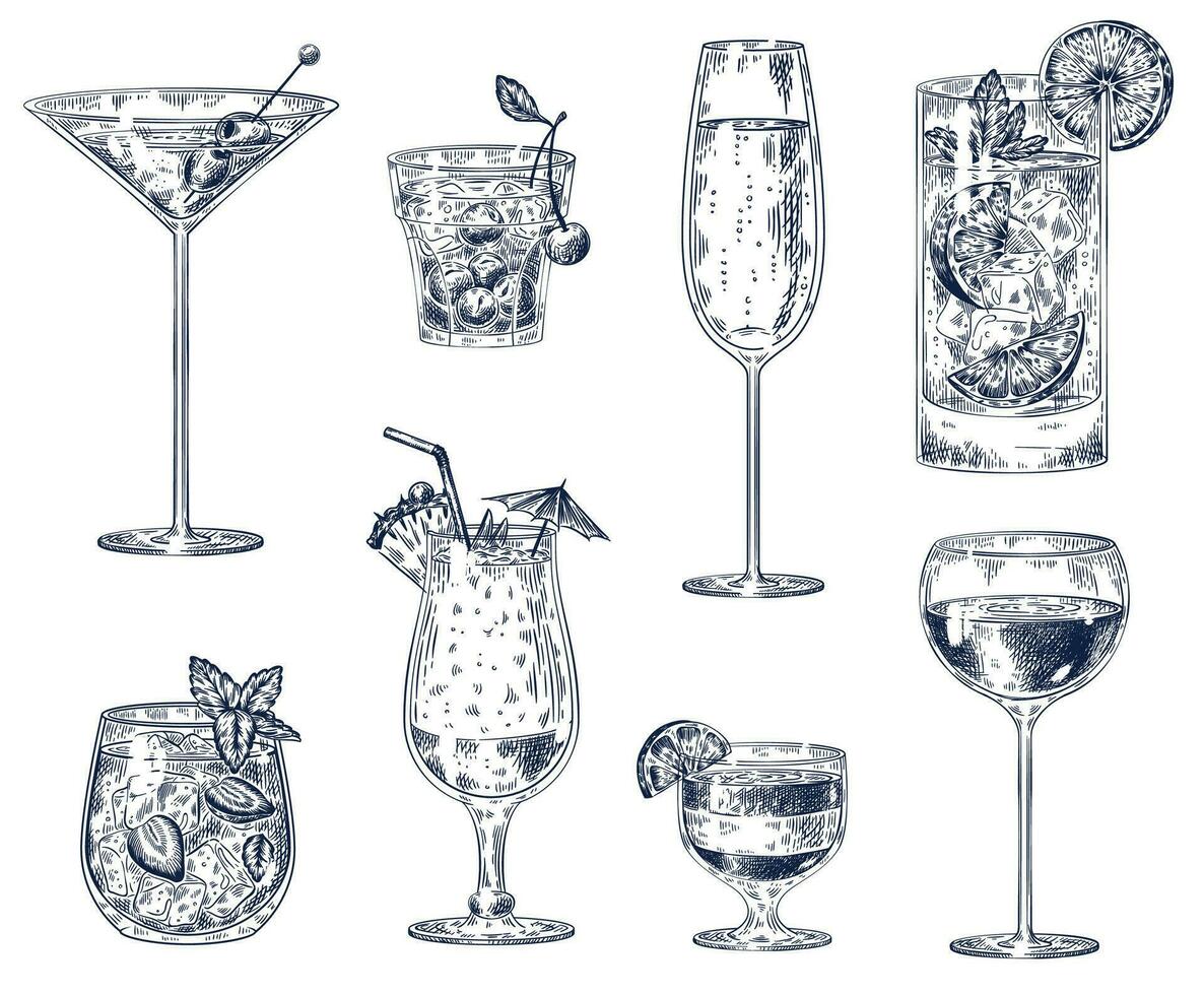main tiré cocktails. esquisser de l'alcool les boissons dans lunettes. Cerise cocktail, Champagne et pina colada, fraise Mojito, du vin vecteur ensemble