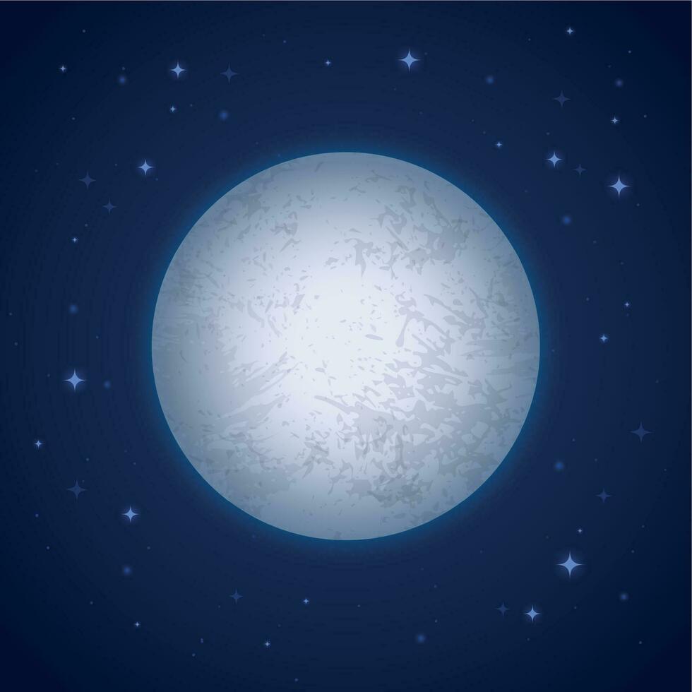 réaliste lune. Terre Satellite proche en haut avec détaillé cratères, espace clair de lune, rond blanc luna et étoiles sur nuit ciel vecteur illustration