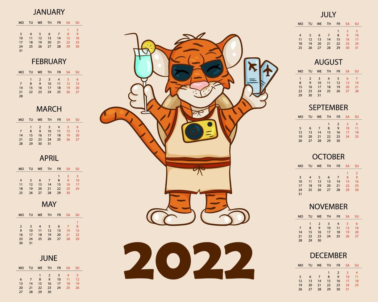 modèle de conception de calendrier pour 2022, l'année du tigre selon le calendrier chinois ou oriental, avec une illustration du tigre. table horizontale avec calendrier pour 2022. vecteur