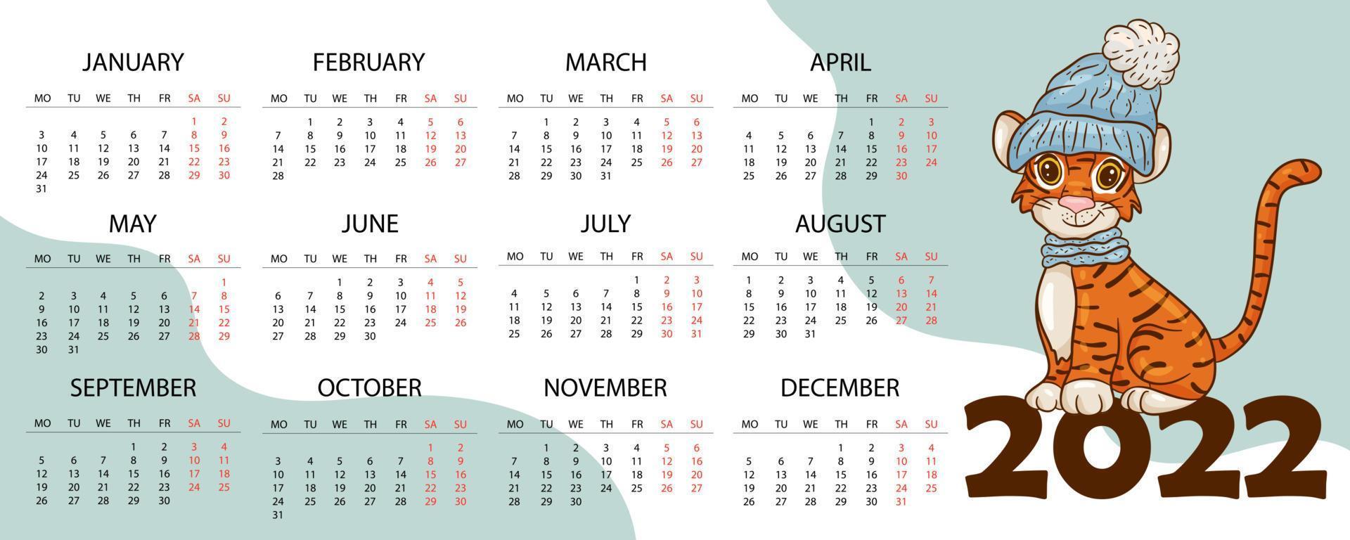 modèle de conception de calendrier pour 2022, l'année du tigre selon le calendrier chinois ou oriental, avec une illustration du tigre. table horizontale avec calendrier pour 2022. vecteur