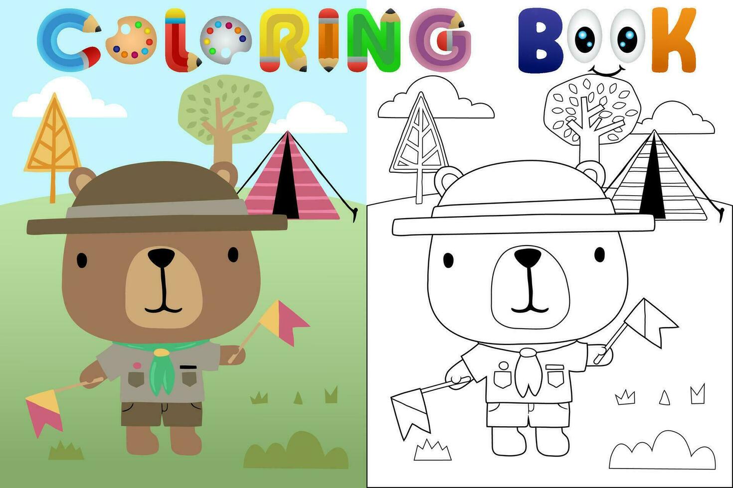 vecteur dessin animé illustration, mignonne ours dans scout uniforme camping dans forêt, coloration livre ou page