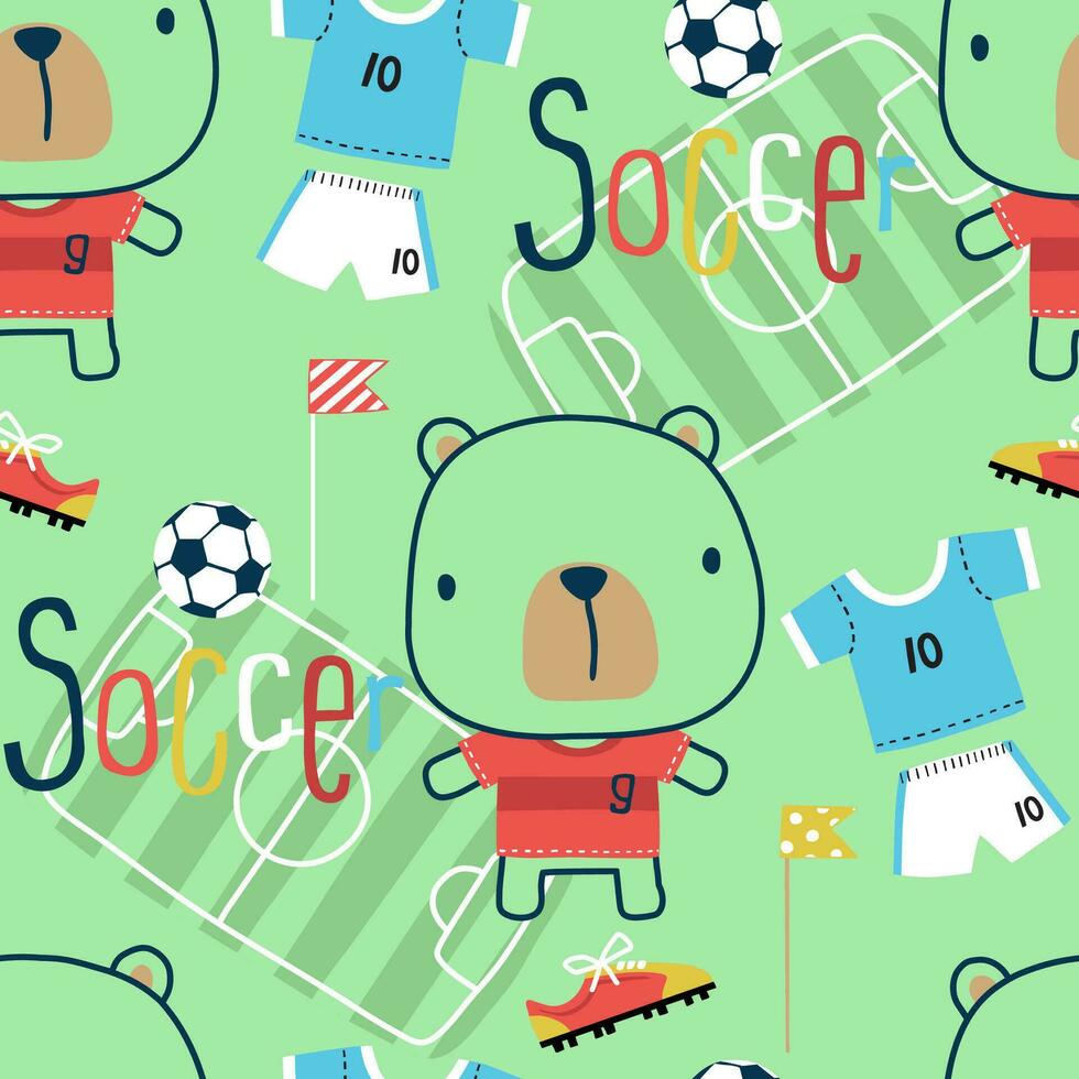 sans couture modèle vecteur de dessin animé peu ours avec football éléments illustration