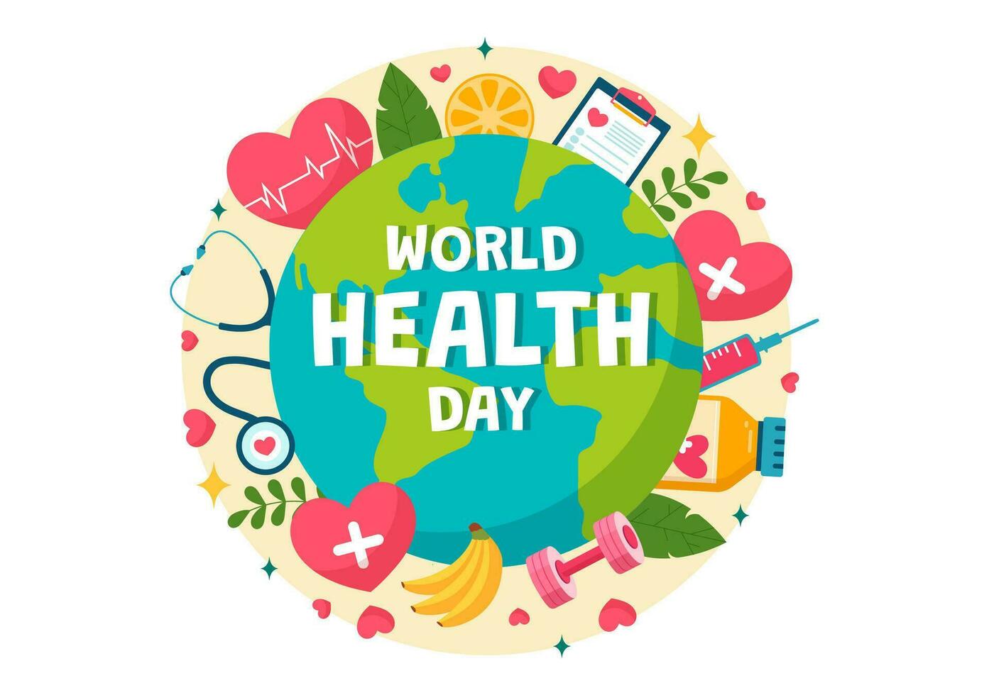 monde santé journée vecteur illustration sur avril 7e avec Terre et médical équipement pour le importance de en bonne santé et mode de vie dans dessin animé Contexte