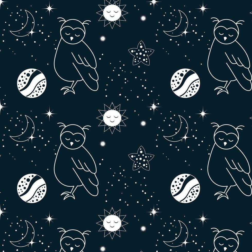 sans couture modèle, lune, hiboux, étoiles et constellations sur une Contexte de le nuit ciel. espace arrière-plan, textile, vecteur