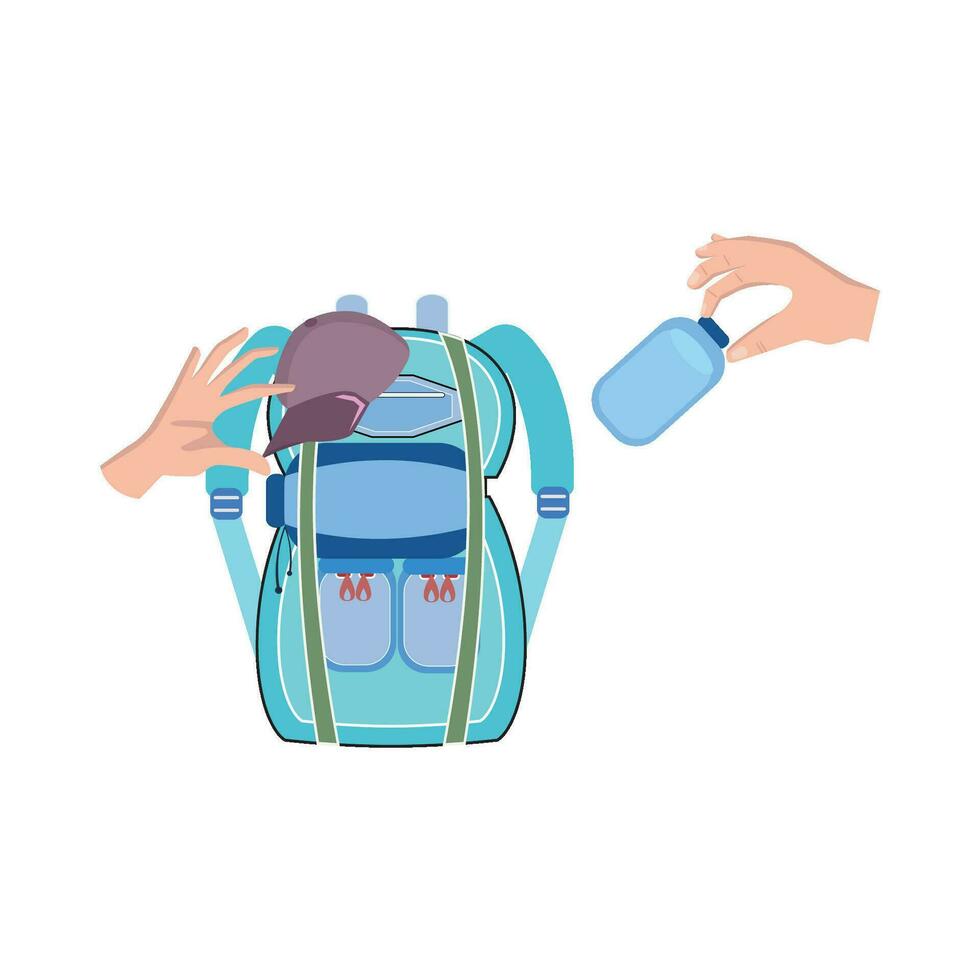 sac à dos école, chapeau avec bouteille dans main illustration vecteur