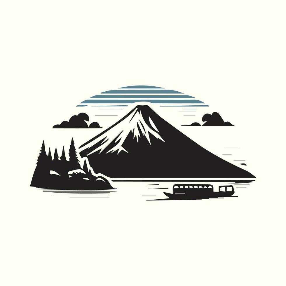 mt. Fuji, lac, bateau et forêt. vecteur illustration.