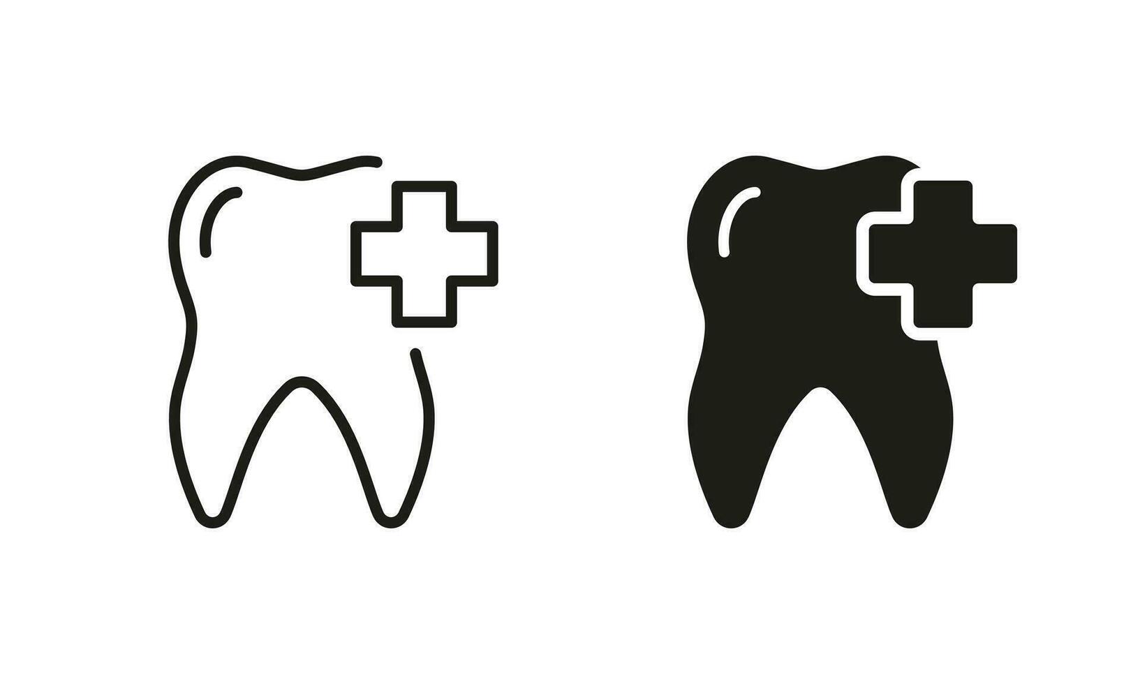 dentaire traitement noir symbole collection. oral médicament clinique. médical traitement dent avec croix, silhouette et ligne icône ensemble. dentaire se soucier pictogramme. isolé vecteur illustration.