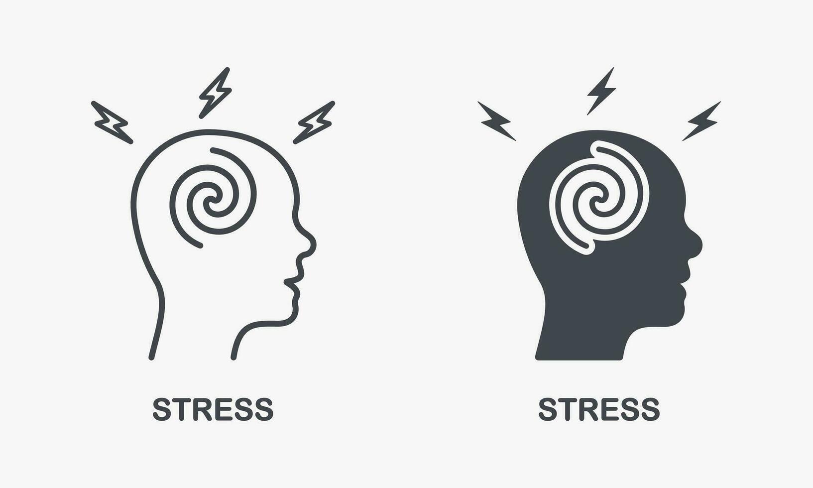 stressé épuisé cerveau et Humain diriger, migraine silhouette et ligne icône ensemble. stress, vertigineux, anxiété, la dépression pictogramme. mal de tête, tension symbole collection. isolé vecteur illustration.