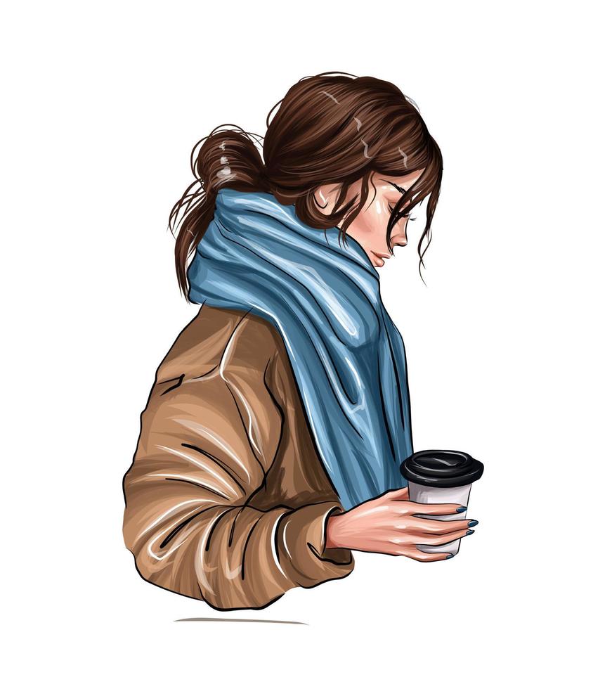 belle jeune femme avec une tasse de café en plastique à la main à partir de peintures multicolores. éclaboussure d'aquarelle, dessin coloré, réaliste. Fille élégante. illustration vectorielle de peintures vecteur