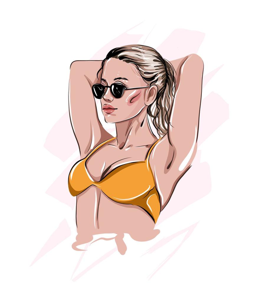 belle femme de mode en maillot de bain jaune, fille élégante posant à partir de peintures multicolores. éclaboussure d'aquarelle, dessin coloré, réaliste. illustration vectorielle de peintures vecteur