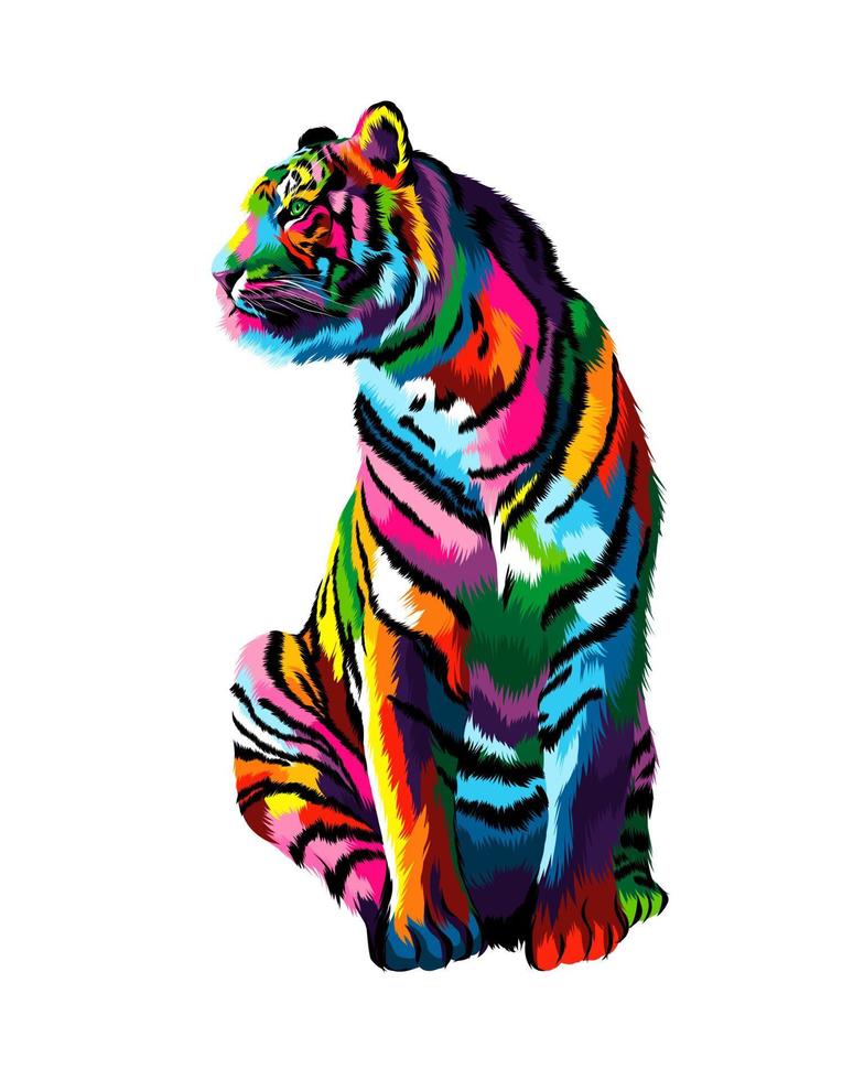 tigre assis à partir de peintures multicolores. éclaboussure d'aquarelle, dessin coloré, réaliste. illustration vectorielle de peintures vecteur