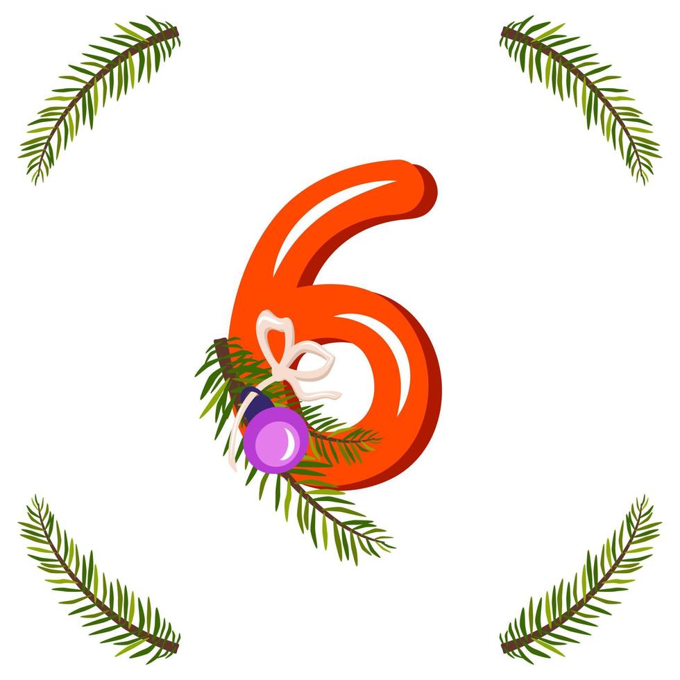 Numéro six rouge avec une branche d'arbre de Noël verte vecteur