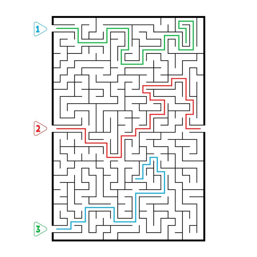 grand labyrinthe rectangulaire abstrait. jeu pour les enfants. casse-tête pour les enfants. trois entrées, une sortie. énigme du labyrinthe. illustration vectorielle plane isolée sur fond blanc. avec réponse. vecteur