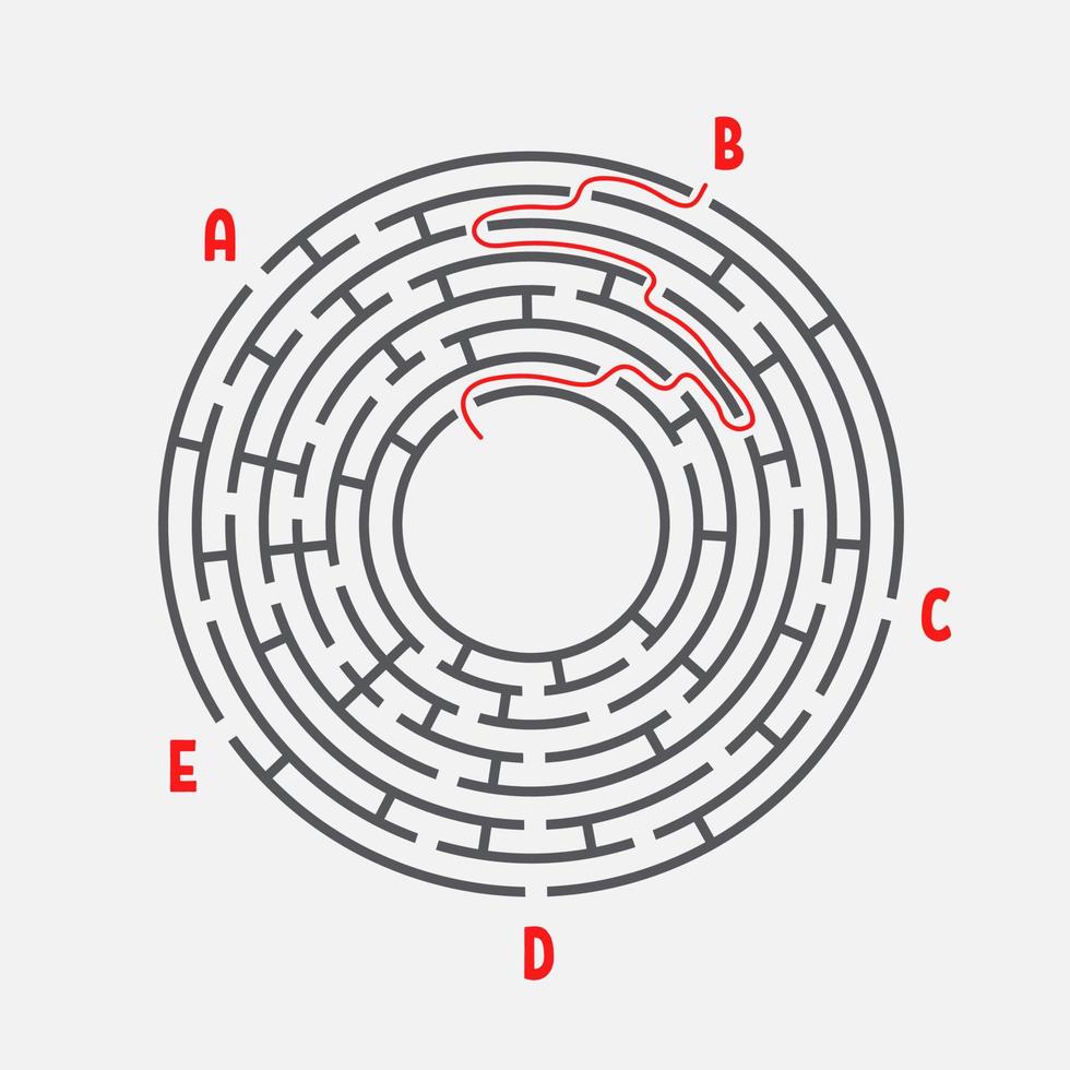 labyrinthe rond abstrait. jeu pour les enfants. casse-tête pour enfants. cinq entrées, une sortie. énigme du labyrinthe. illustration vectorielle plane simple isolée sur fond blanc. avec la réponse. vecteur