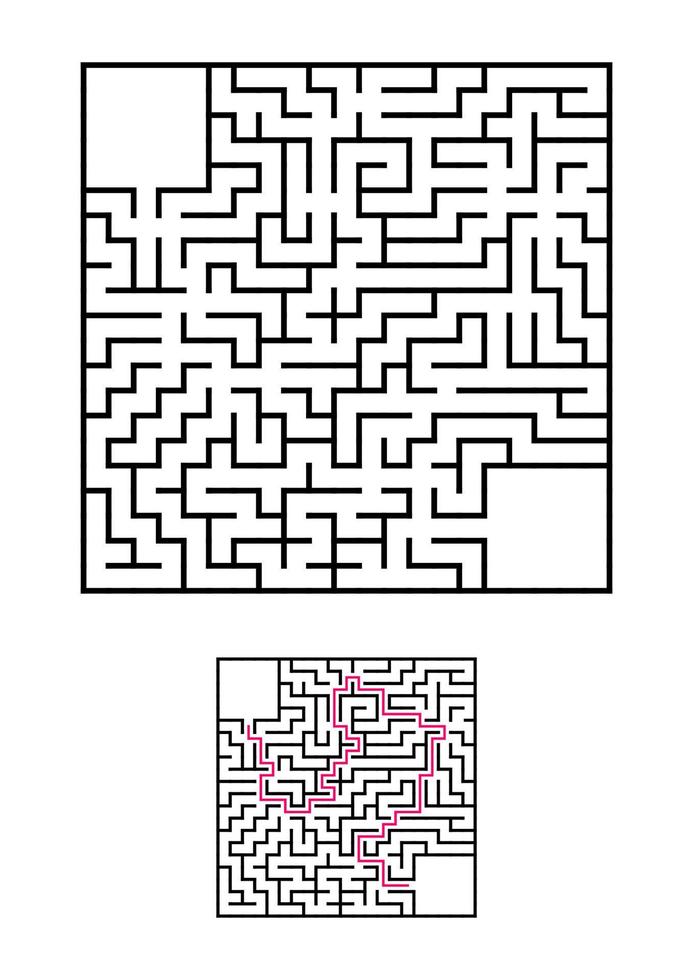 labyrinthe carré abstrait. jeu pour les enfants. casse-tête pour les enfants. une entrée, une sortie. énigme du labyrinthe. illustration vectorielle isolée sur fond blanc. avec réponse. avec place pour votre image. vecteur