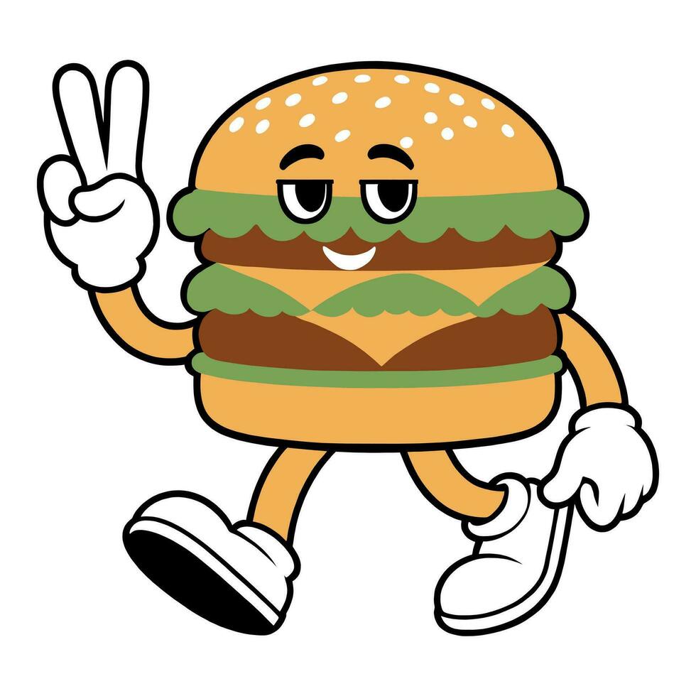 Burger mignonne branché rétro dessin animé vecteur main tiré isolé sur blanc Contexte.