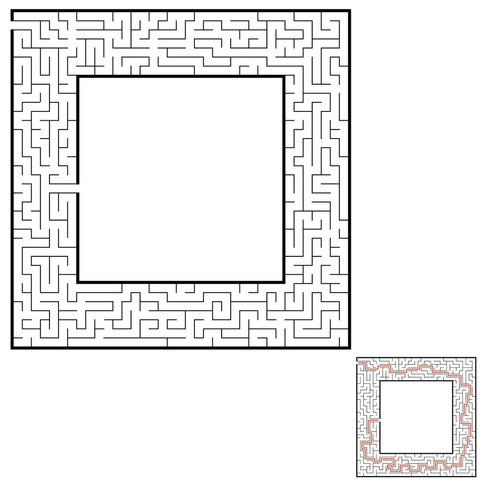 labyrinthe carré abstrait. jeu pour les enfants. casse-tête pour les enfants. énigme du labyrinthe. illustration vectorielle plane isolée sur fond blanc. avec réponse. avec place pour votre image. vecteur