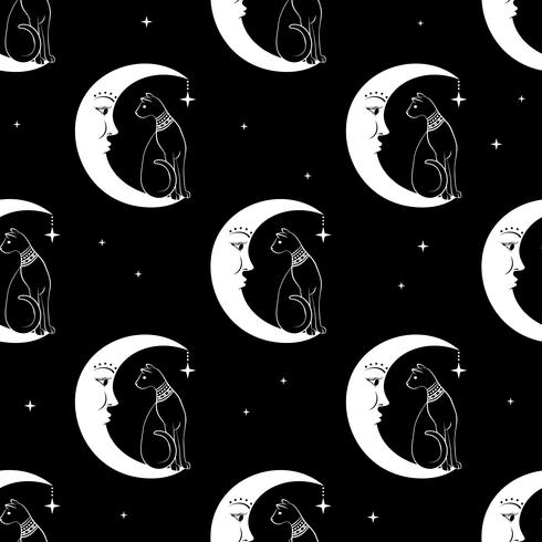 Chat assis sur la lune. Ciel de nuit sans soudure de fond. Magie mignonne, design occulte. Vecteur