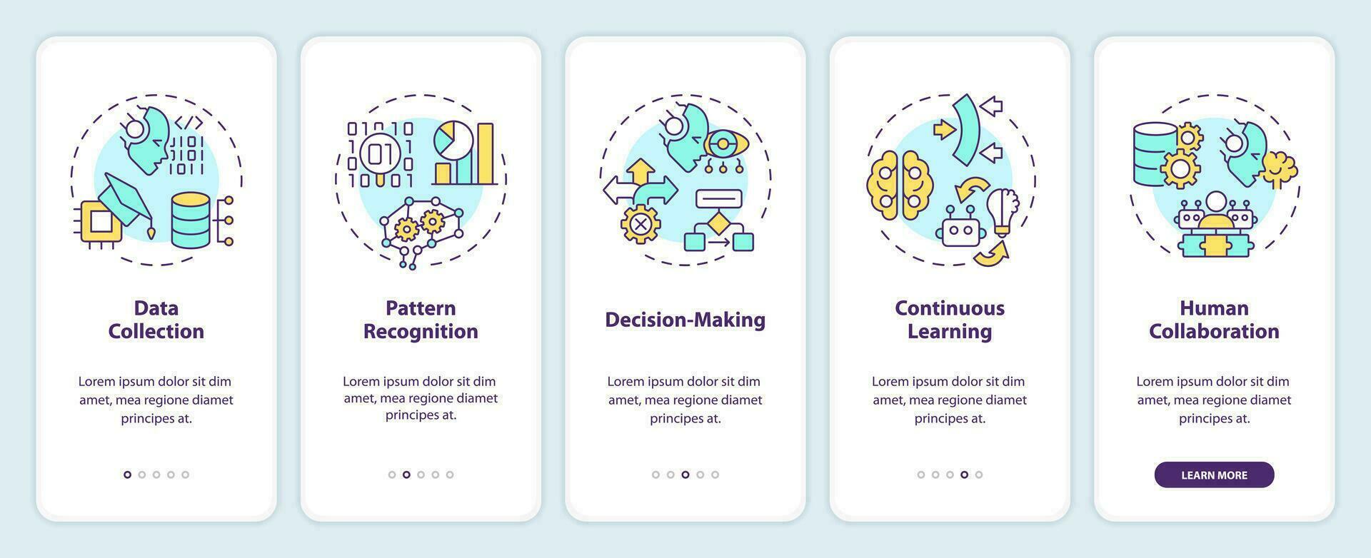 2d Icônes représentant cognitif l'informatique travail mobile app écran ensemble. procédure pas à pas 5 pas coloré graphique instructions avec mince ligne Icônes concept, interface utilisateur, ux, gui modèle. vecteur