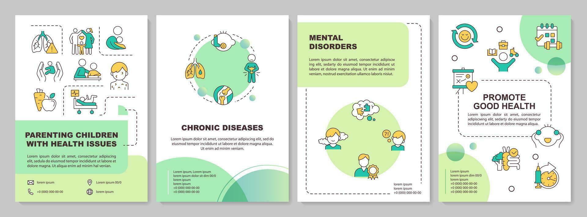 vert parentalité les enfants avec santé problèmes brochure modèle, brochure conception avec mince linéaire Icônes, 4 vecteur mises en page.
