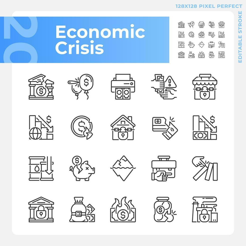 2d pixel parfait lumière et foncé Icônes ensemble représentant économique crise, modifiable mince ligne illustration. vecteur