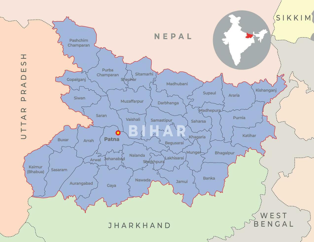 bihar district carte avec voisin Etat et pays vecteur