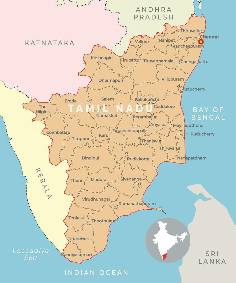 Tamil nadu district carte avec voisin Etat vecteur