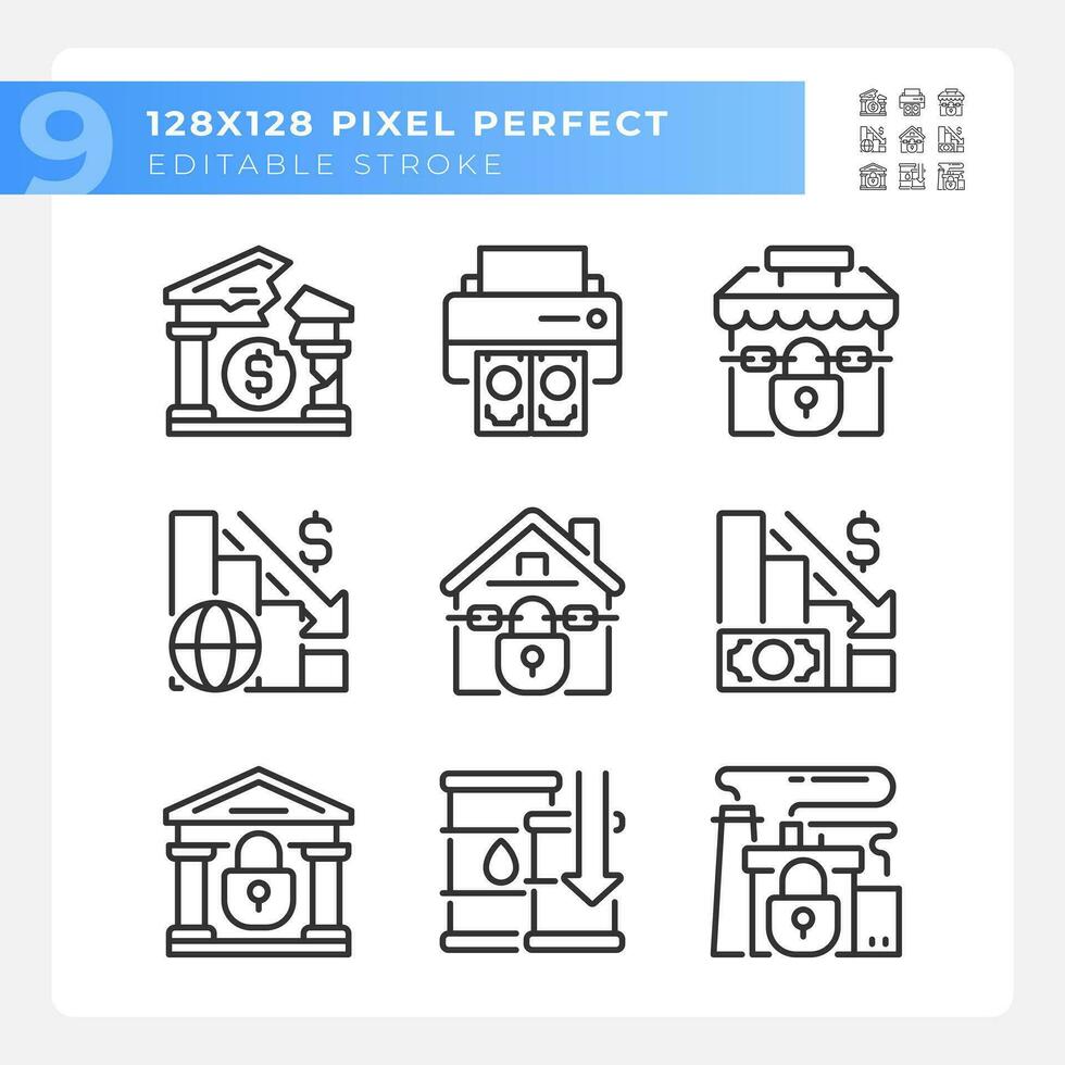 pixel parfait noir Icônes représentant économique crise, modifiable mince ligne illustration ensemble. vecteur