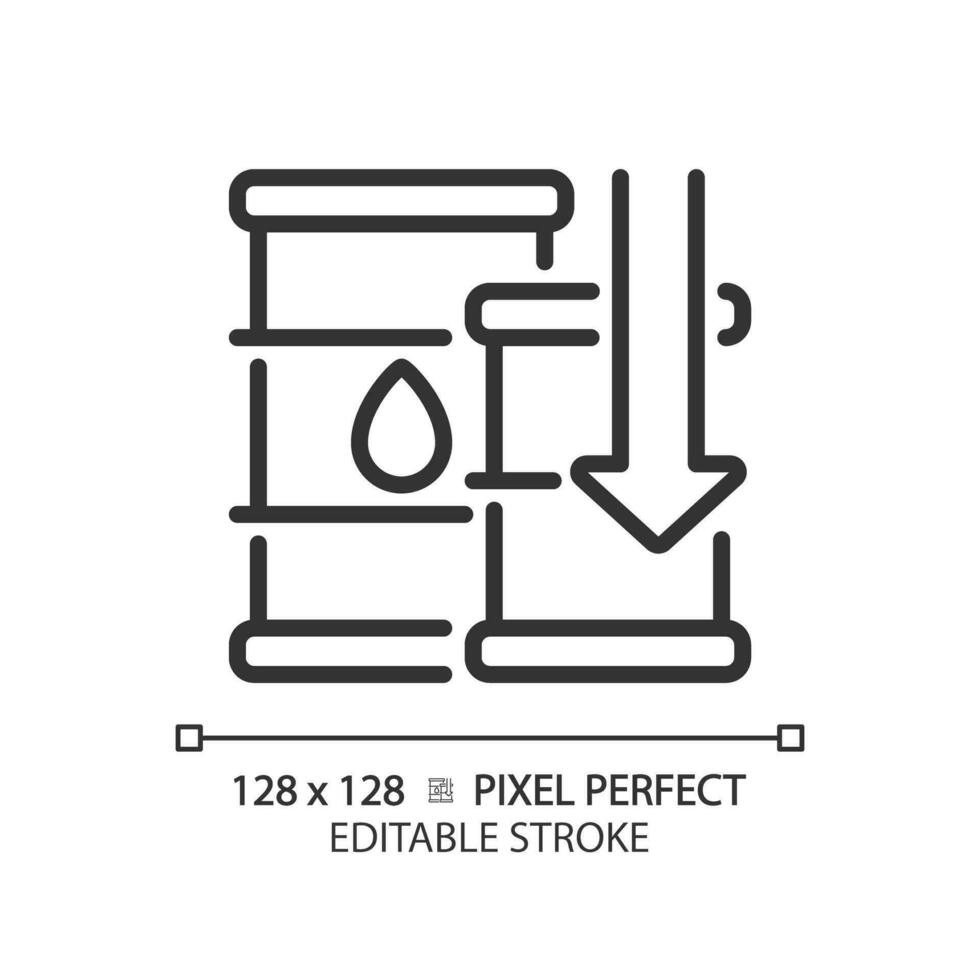 2d pixel parfait modifiable noir chute pétrole des prix icône, isolé Facile vecteur, mince ligne illustration représentant économique crise. vecteur