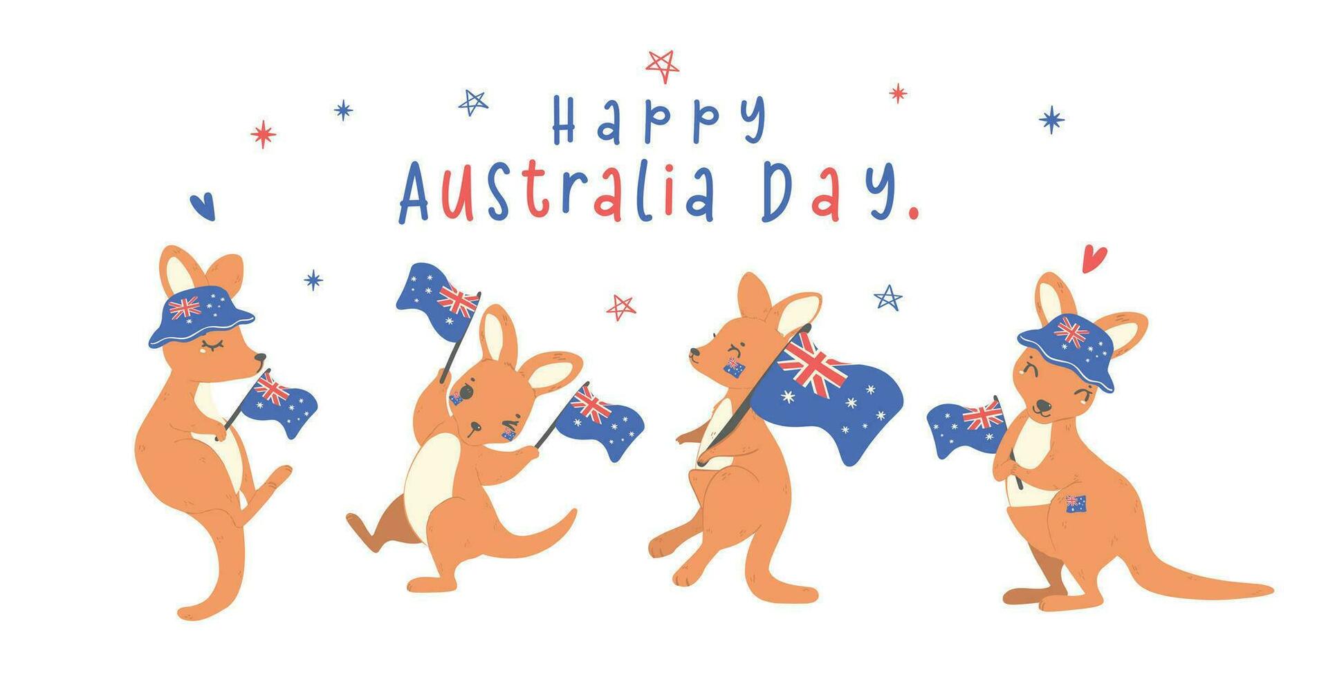groupe de Australie journée avec adorable bébé kangourous dessin animé animal avec des ballons et drapeau. vecteur