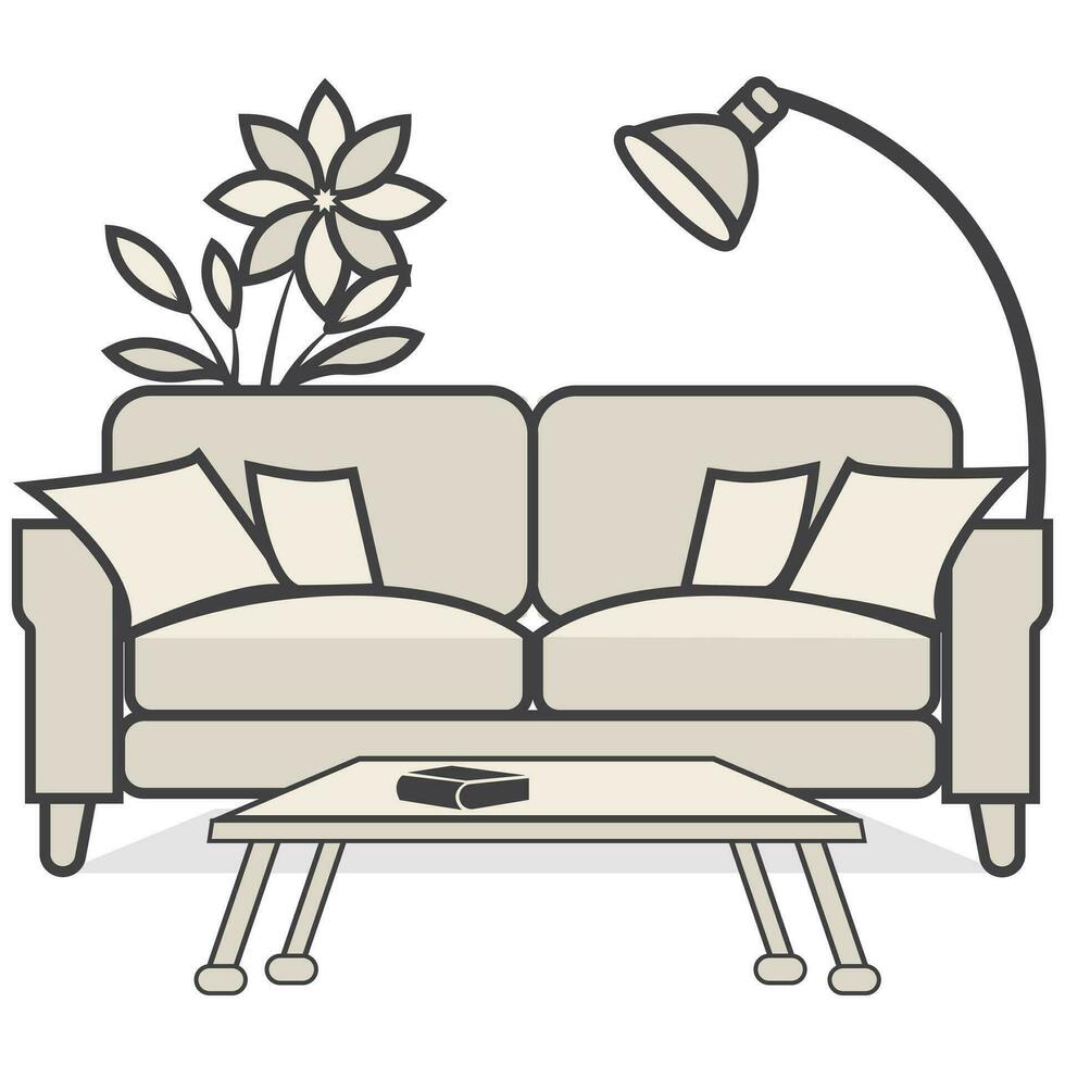 une canapé, table et chaud lampe de poche vecteur