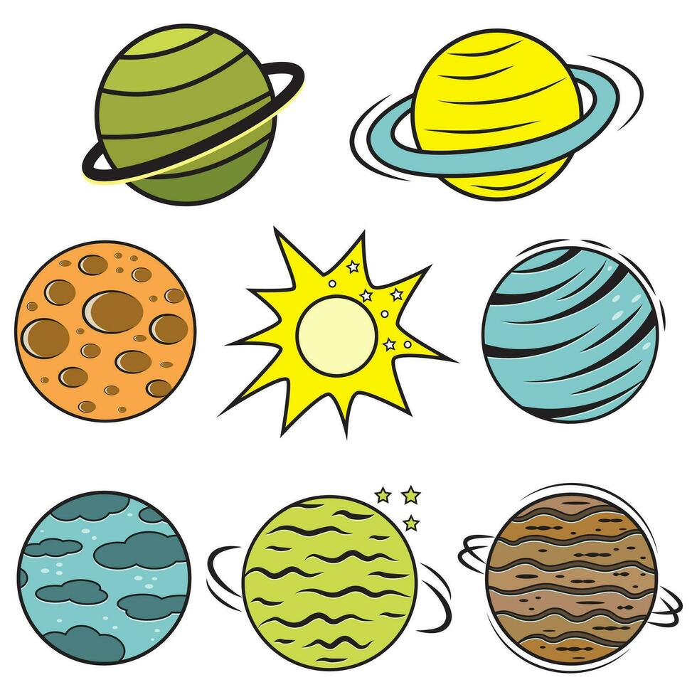 une ensemble de cosmique vecteurs - comète, planète, lune, soleil, étoile. vecteur illustration dans dessin animé style.
