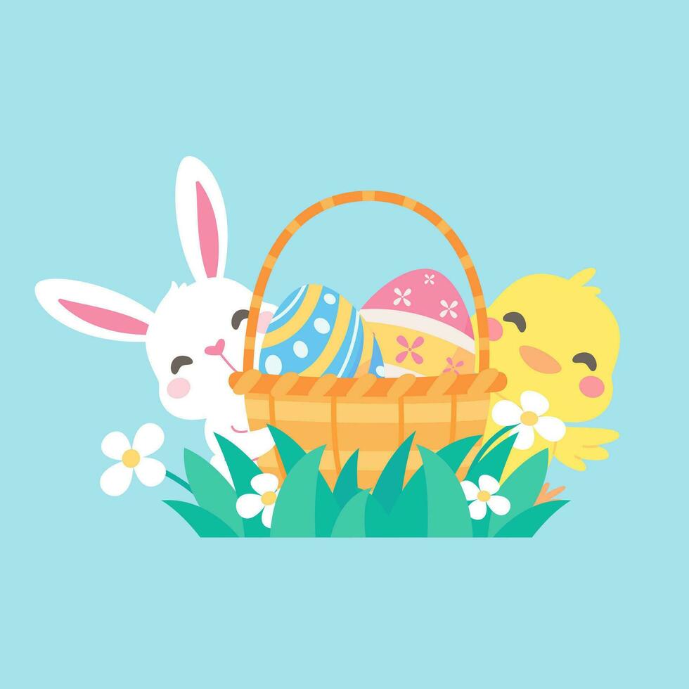 dessin animé poussin avec Pâques des œufs dans le herbe et Pâques Oeuf chercher activité avec les enfants. vecteur