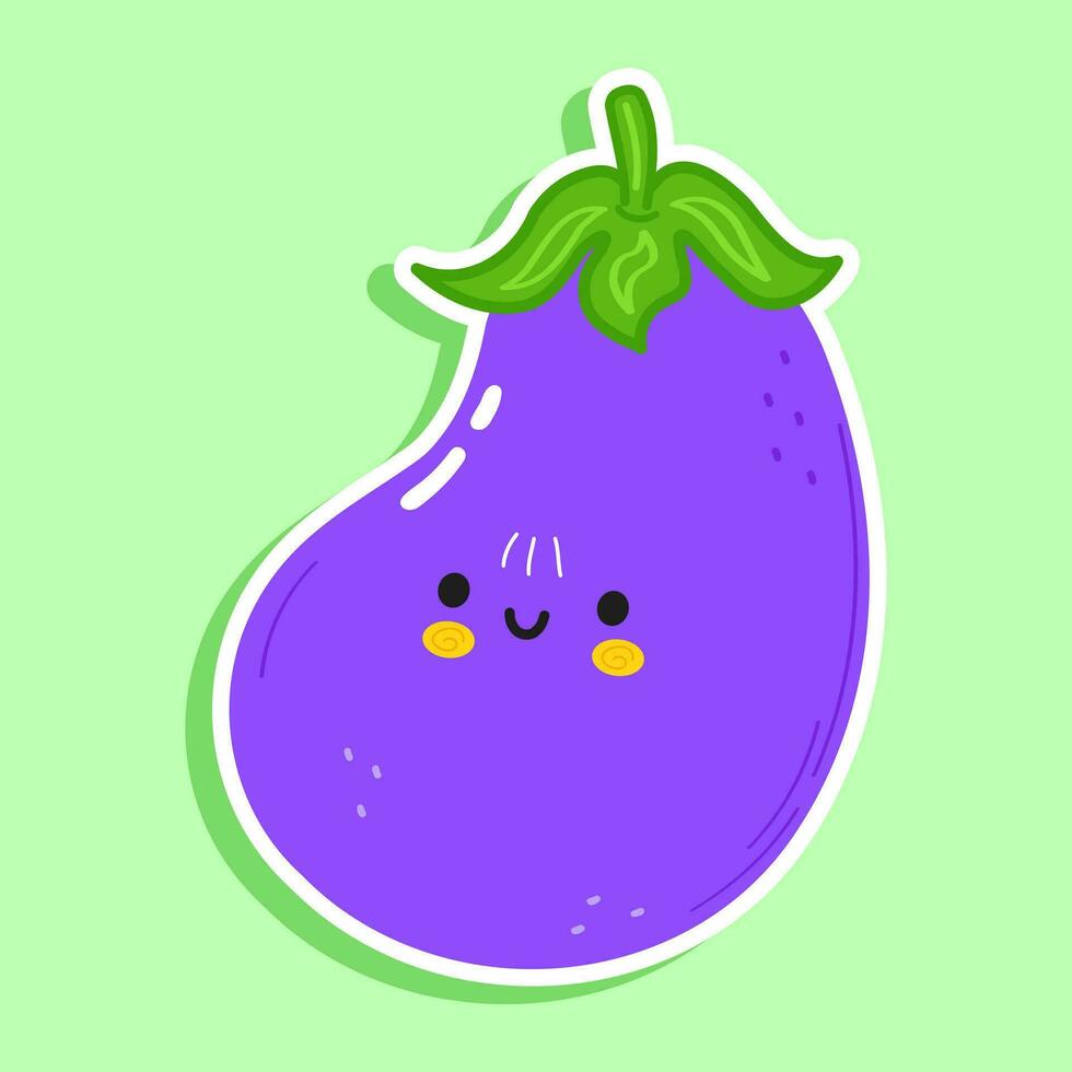 autocollant aubergine personnage. vecteur main tiré dessin animé kawaii personnage illustration icône. isolé sur vert Contexte. aubergine personnage concept