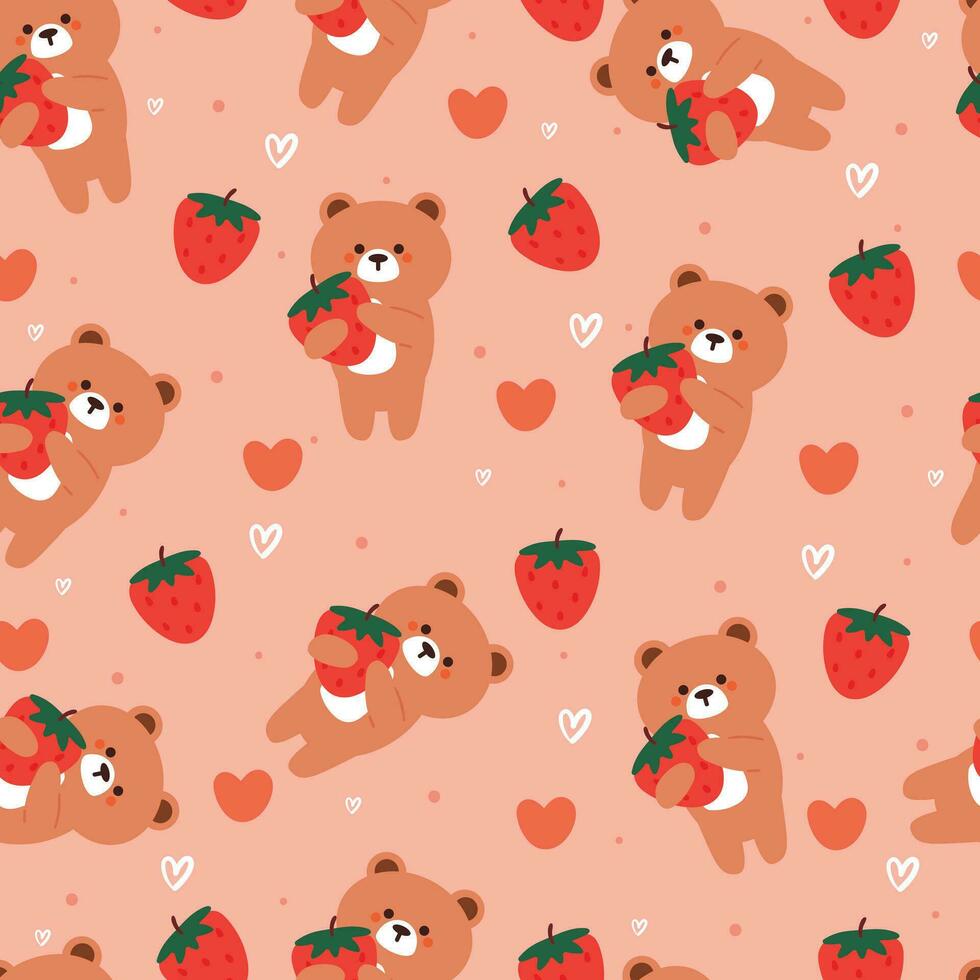 sans couture modèle dessin animé ours avec fraise. mignonne animal fond d'écran illustration pour cadeau emballage papier vecteur