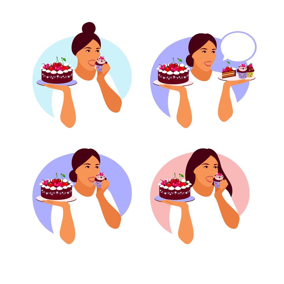 femme heureuse va manger un délicieux petit gâteau. illustration de vecteur de dessin animé plat isolé sur fond clair.