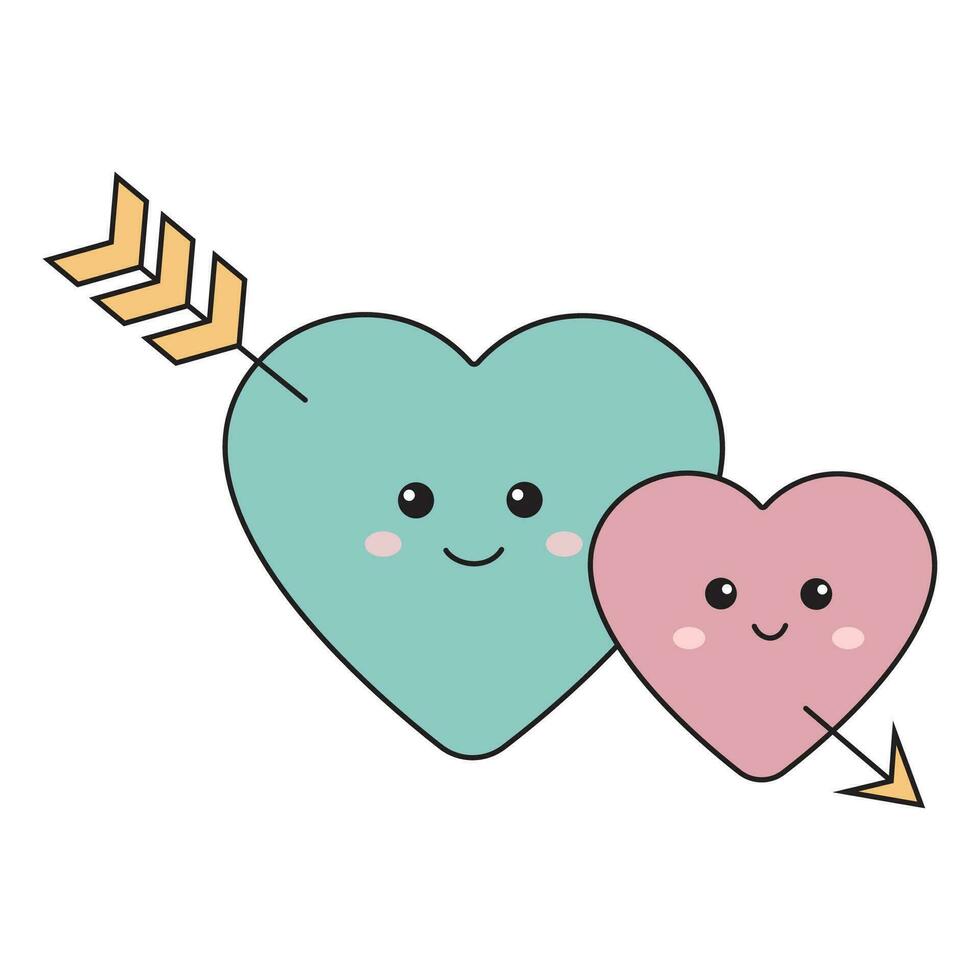 deux souriant cœurs avec La Flèche. mignonne l'amour couple paire icône, Valentin journée l'amour symbole. vecteur