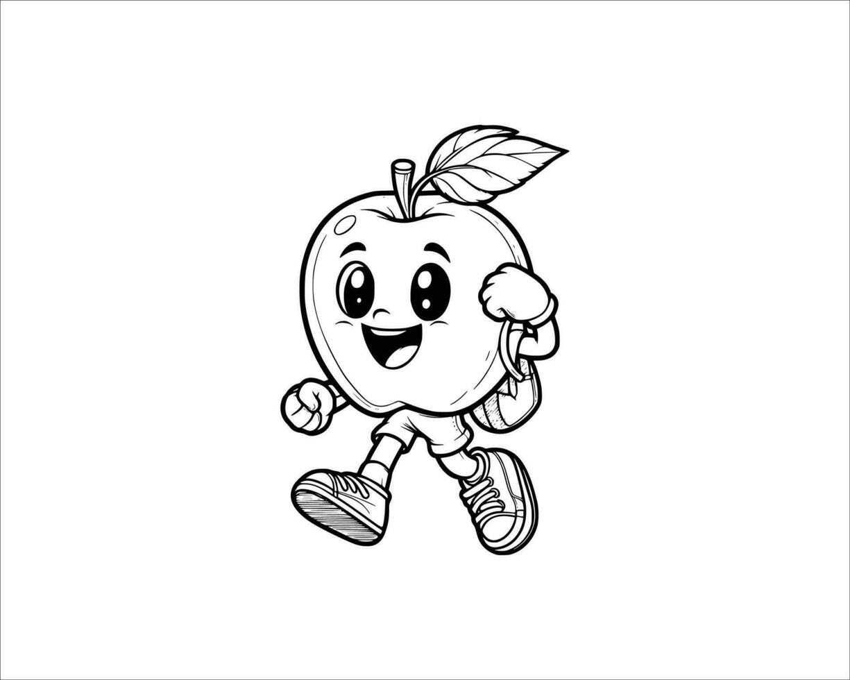 mignonne dessin animé de Pomme illustration pour coloration livre contour ligne art. Pomme mascotte conception avec dynamique pose vecteur