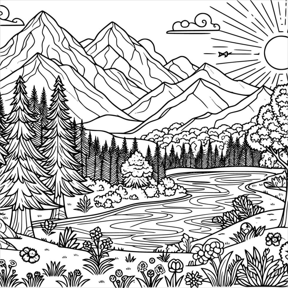 panorama coloration livre noir et blanche. environnement vecteur dessin