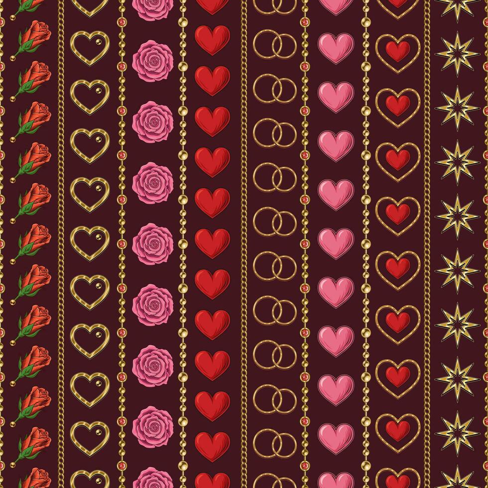 valentines journée sans couture modèle avec vacances objets et symboles, cordes de perles. géométrique modèle avec verticale rayures sur foncé Contexte. ancien illustration pour impressions, envelopper, emballage papier vecteur